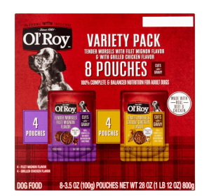 Ol' Roy Cuts in Gravy Wet Dog Food Variety Pack, Tender Morsels Filet Mignon Flavor and Tender Morsels Grilled Chicken Flavor, 3.5 oz (8 Pack)