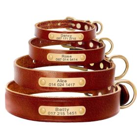 Personalized Genuine Leather Dog Collar With Stainless Steel Nameplate (Color: Brown, size: S)